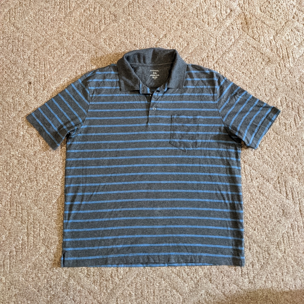 Men's George XL Grey and Blue Striped Short Sleeve Polo